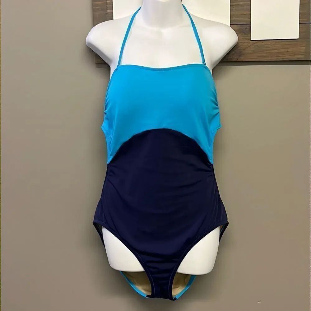 J. Crew Blue One Piece Halter Swim Suit with Cutout Back-& Metal Closure-Size 12